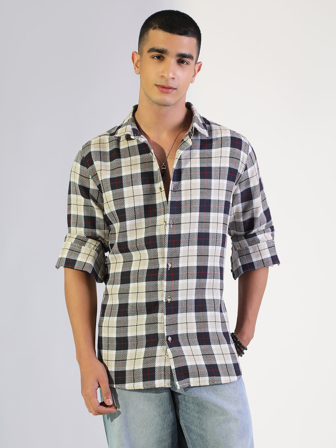 Men's Checked Navy Blue Regular Fit Casual Shirt