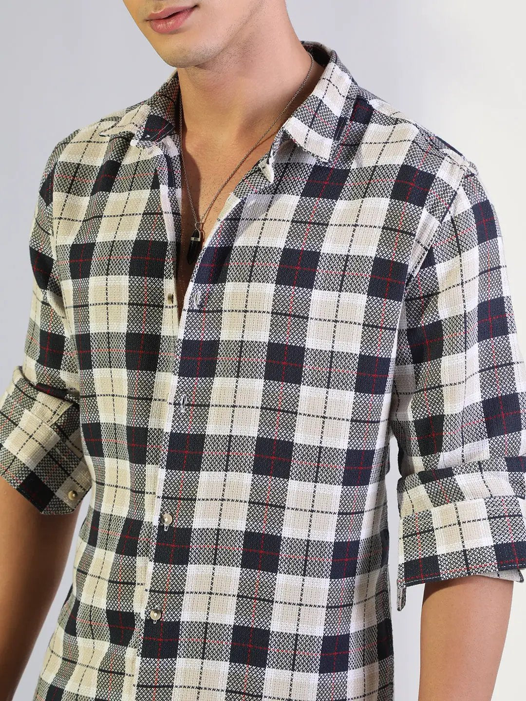 Men's Checked Navy Blue Regular Fit Casual Shirt - from SHOWOFFFF