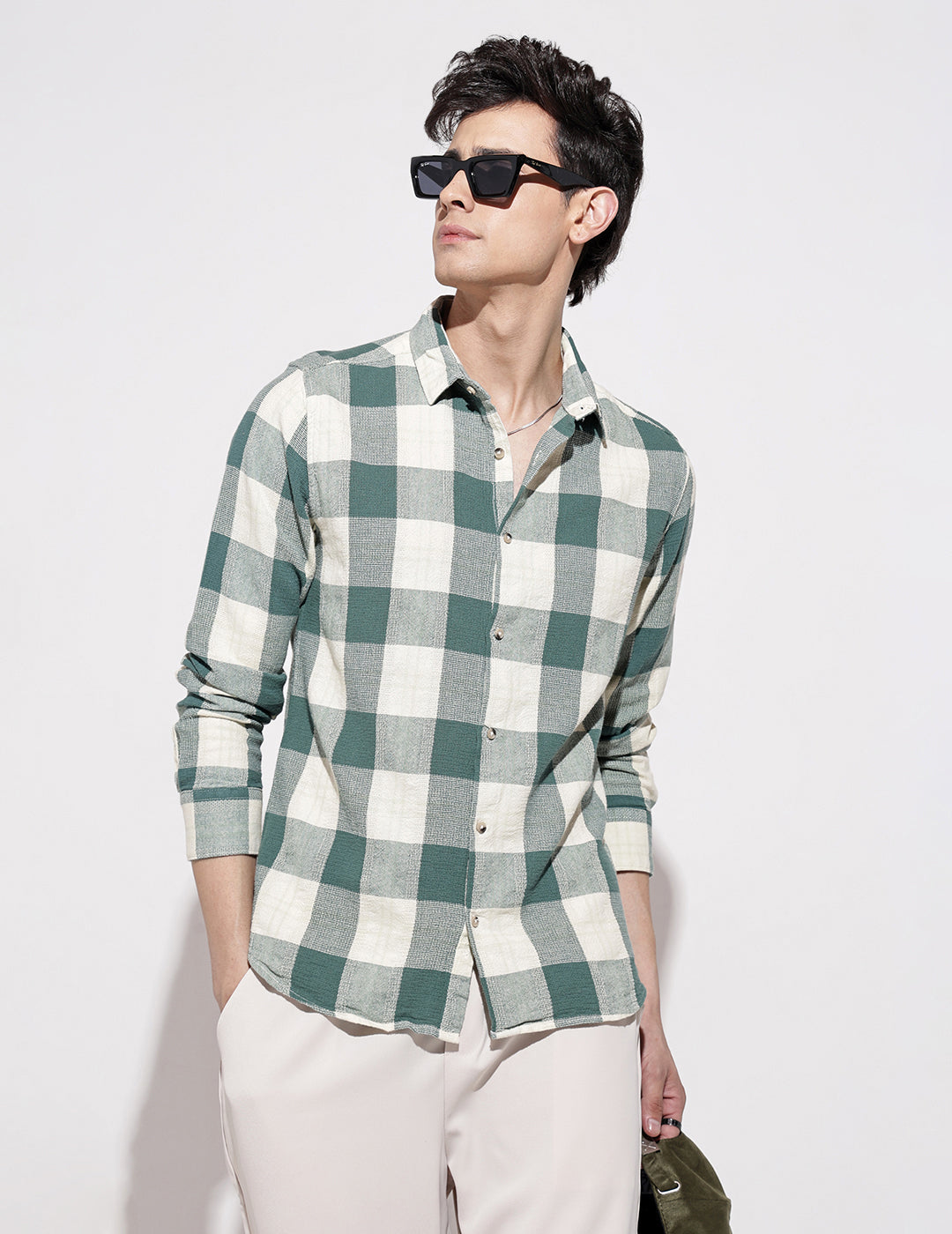 Men's Checked Green Long Sleeve Regular Fit Shirt