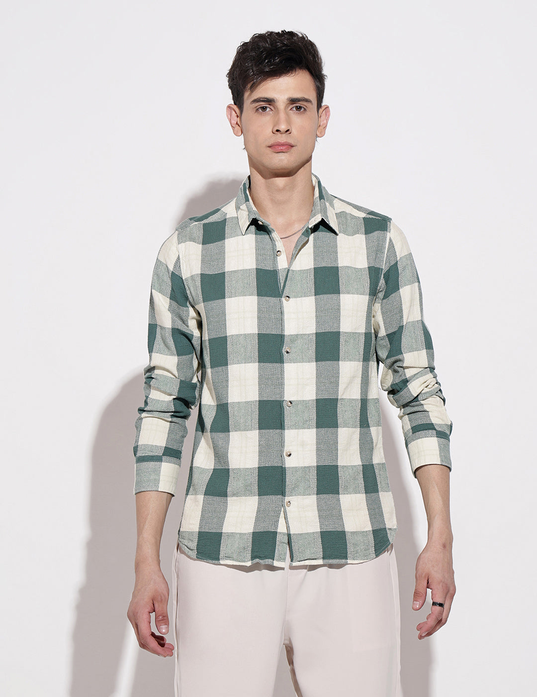Men's Checked Green Long Sleeve Regular Fit Shirt