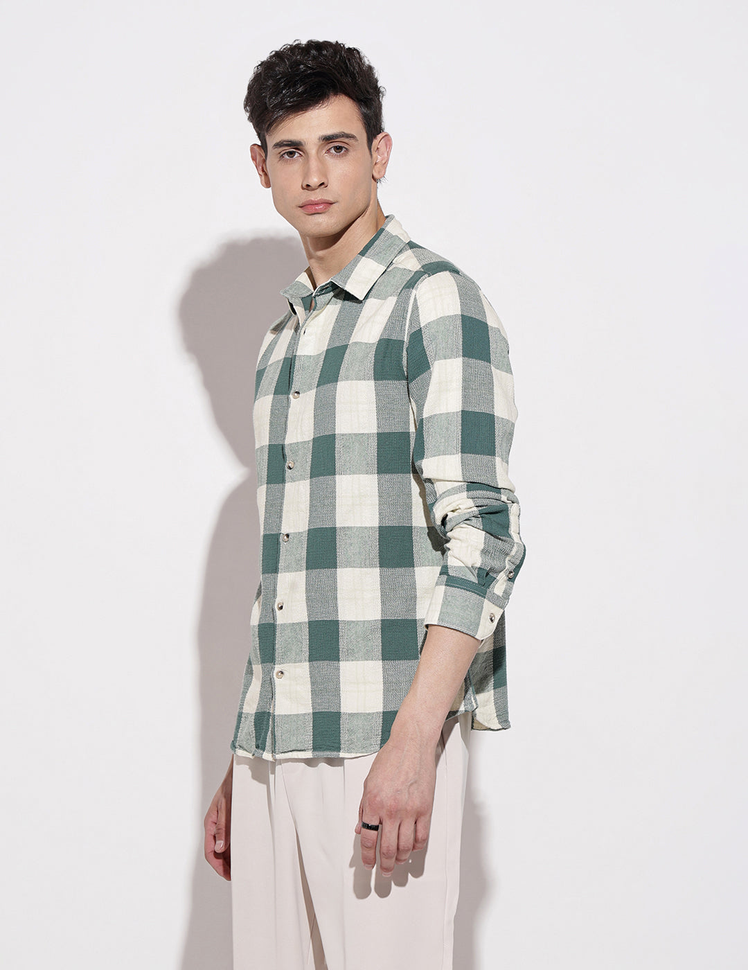 Men's Checked Green Long Sleeve Regular Fit Shirt