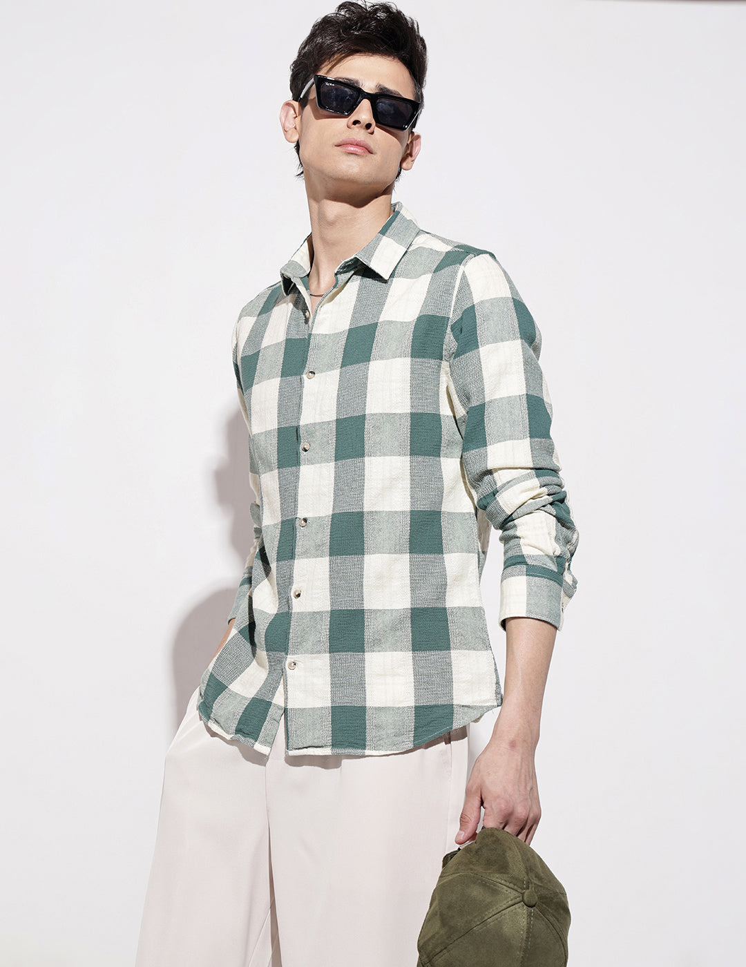 Men's Checked Green Long Sleeve Regular Fit Shirt