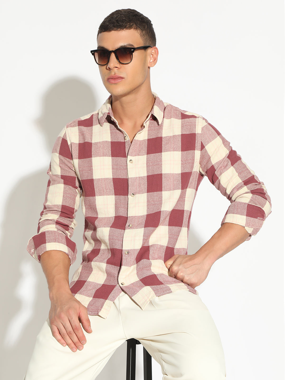 Men's Checked Pink Button Down Regular Fit Shirt