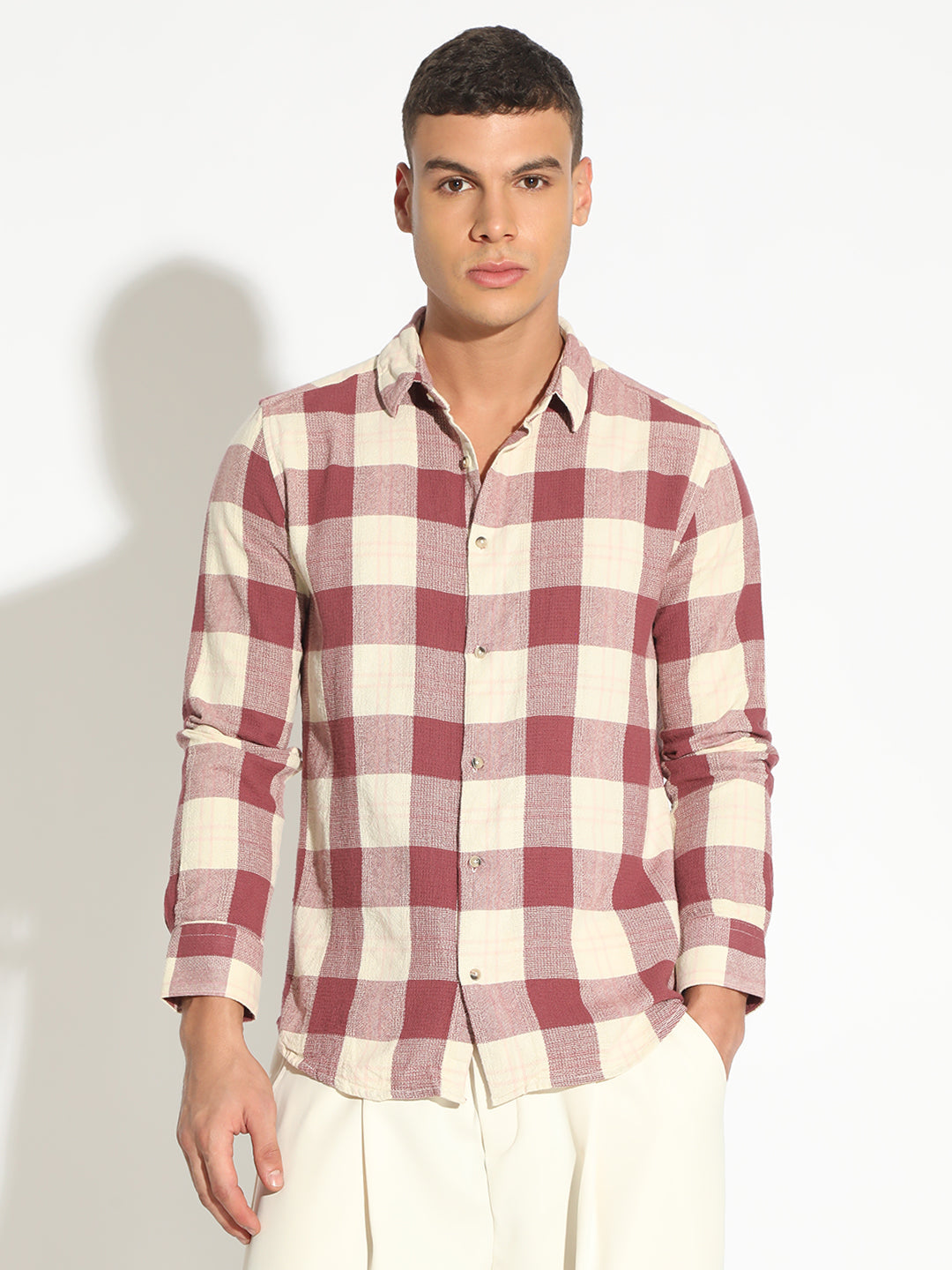 Men's Checked Pink Button Down Regular Fit Shirt