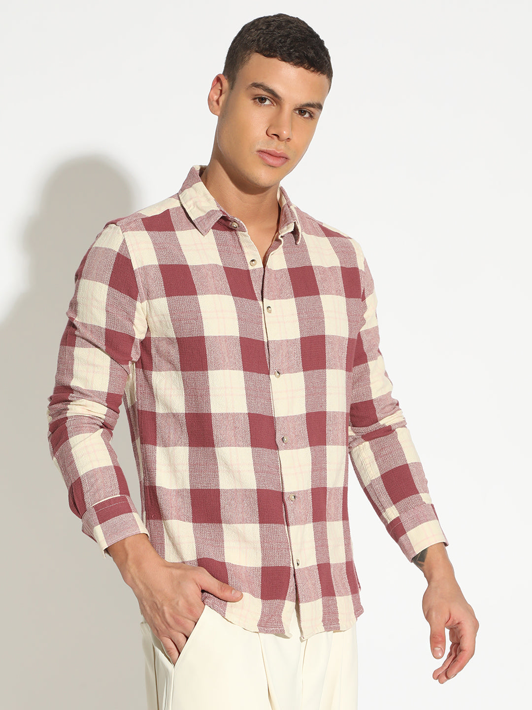 Men's Checked Pink Button Down Regular Fit Shirt