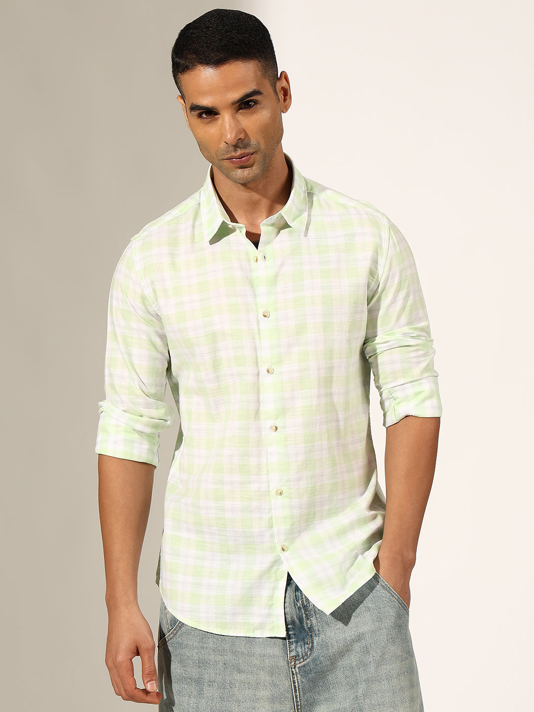 Men's Checked Green Regular Fit Casual Shirt