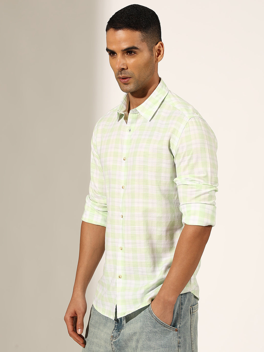Men's Checked Green Regular Fit Casual Shirt