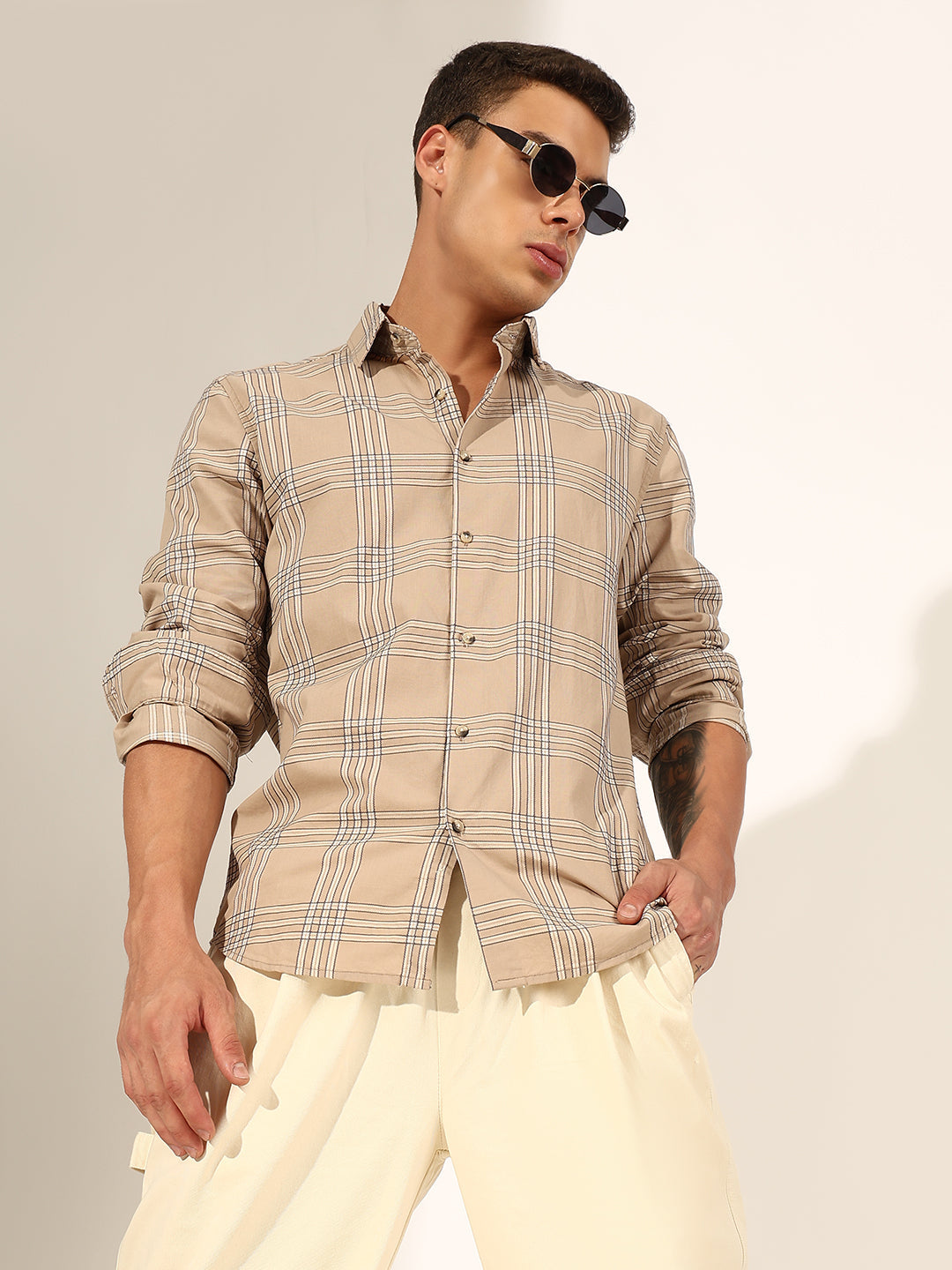 Men's Checked Beige Regular Fit Casual Shirt