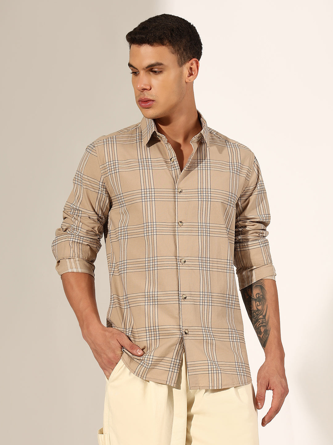 Men's Checked Beige Regular Fit Casual Shirt