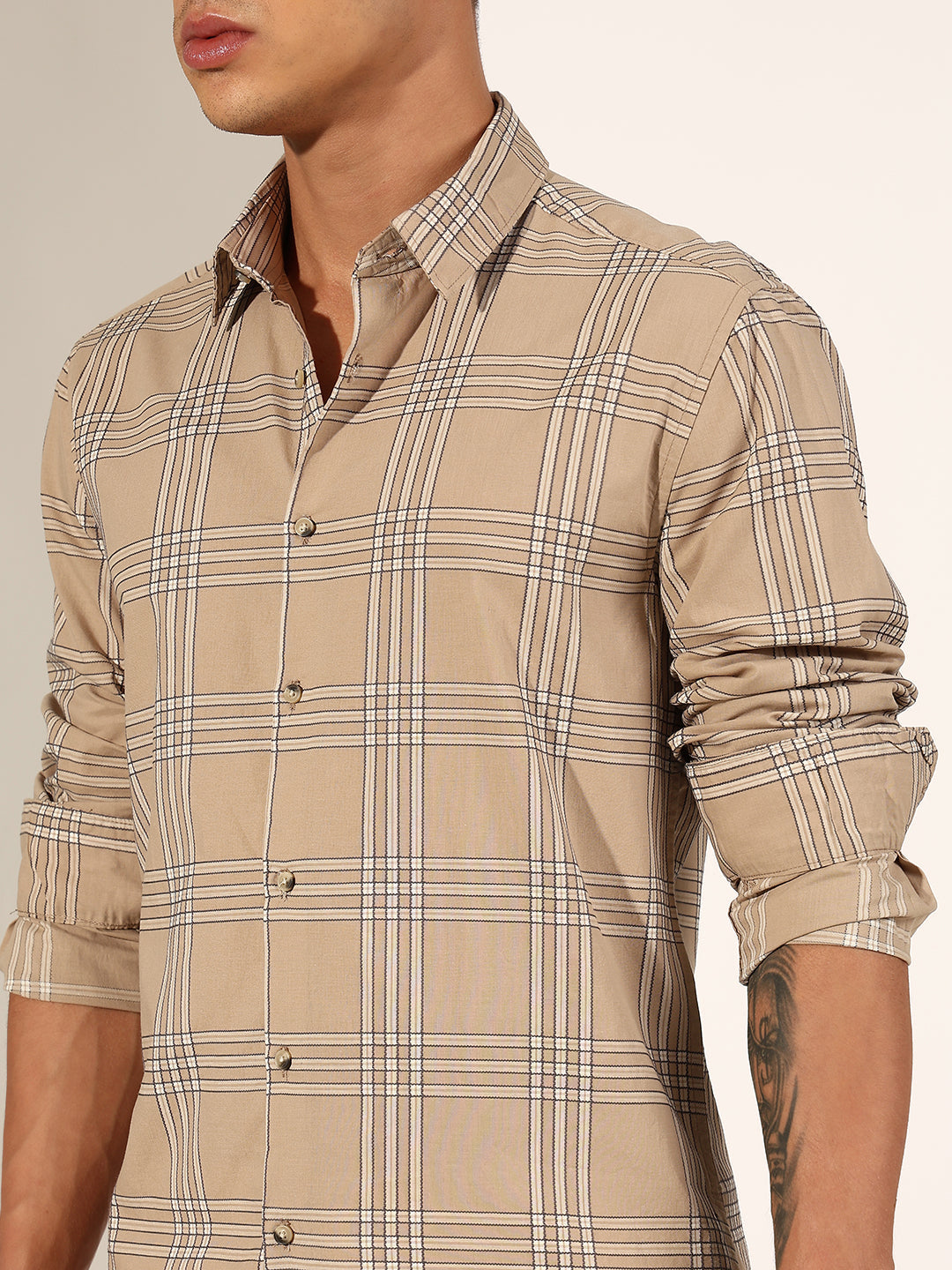 Men's Checked Beige Regular Fit Casual Shirt
