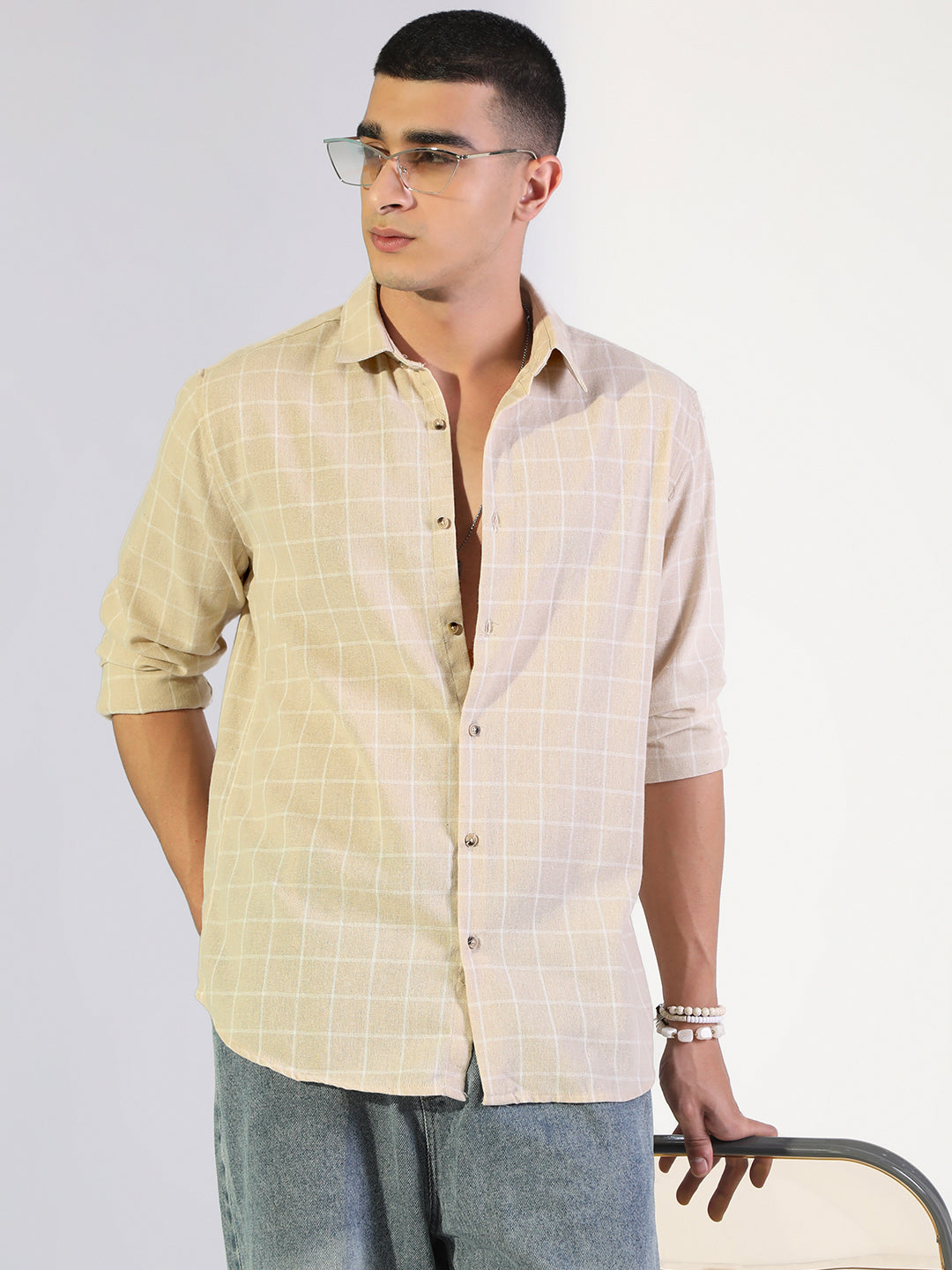 Men's Checked Beige Regular Fit Casual Shirt