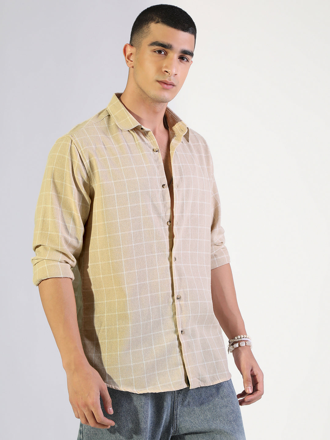 Men's Checked Beige Regular Fit Casual Shirt