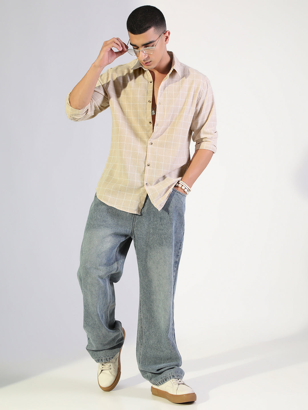 Men's Checked Beige Regular Fit Casual Shirt