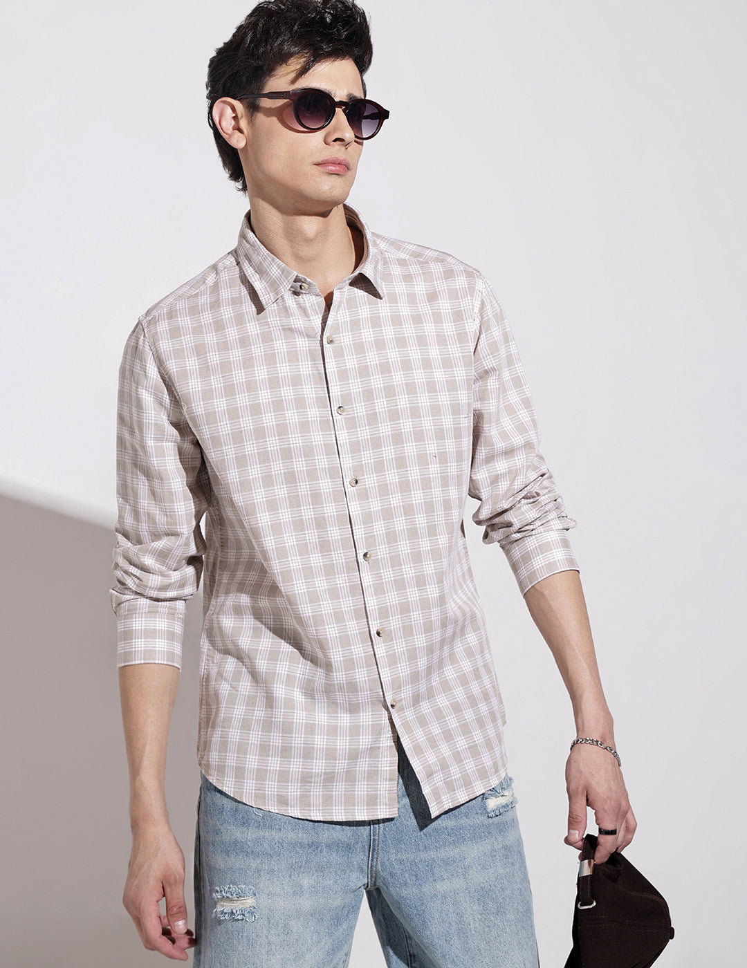 Men's Checked Beige Long Sleeve Regular Fit Shirt