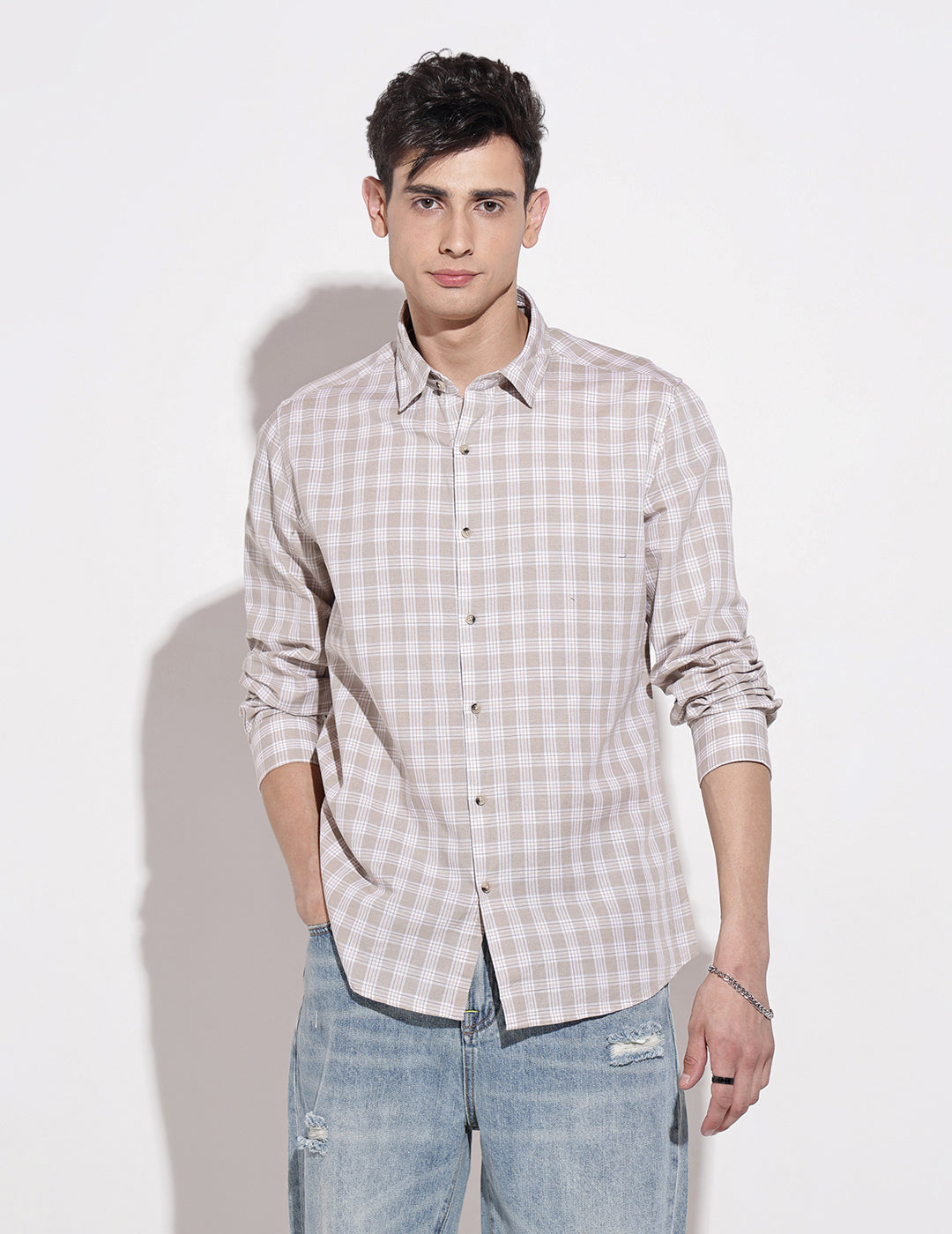 Men's Checked Beige Long Sleeve Regular Fit Shirt
