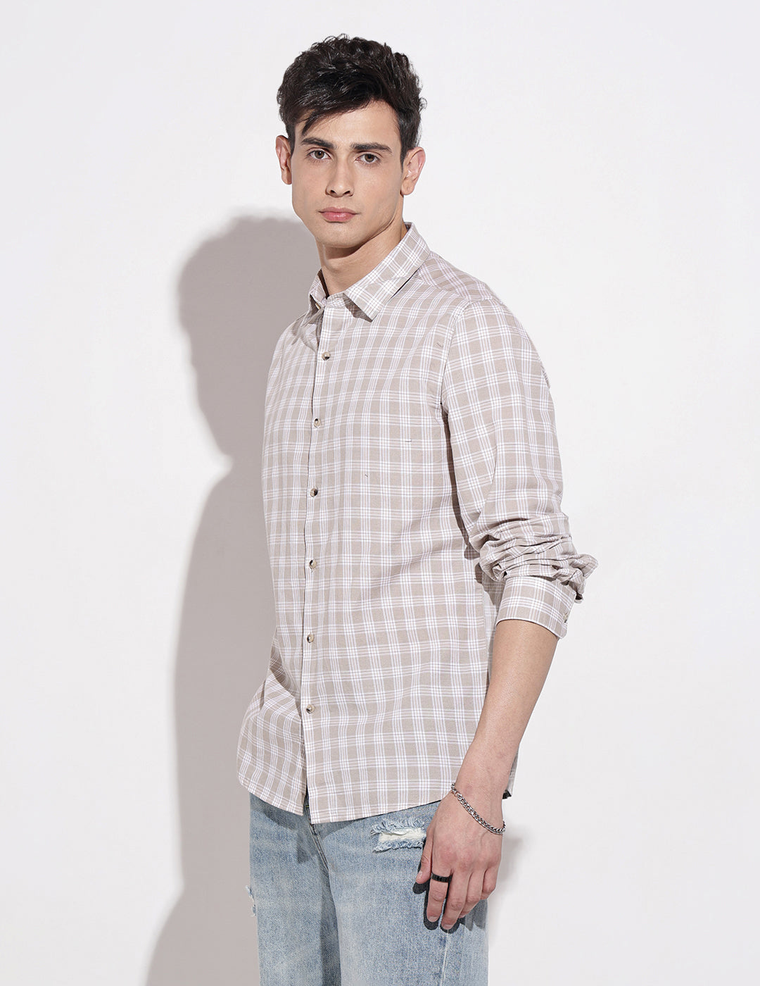 Men's Checked Beige Long Sleeve Regular Fit Shirt