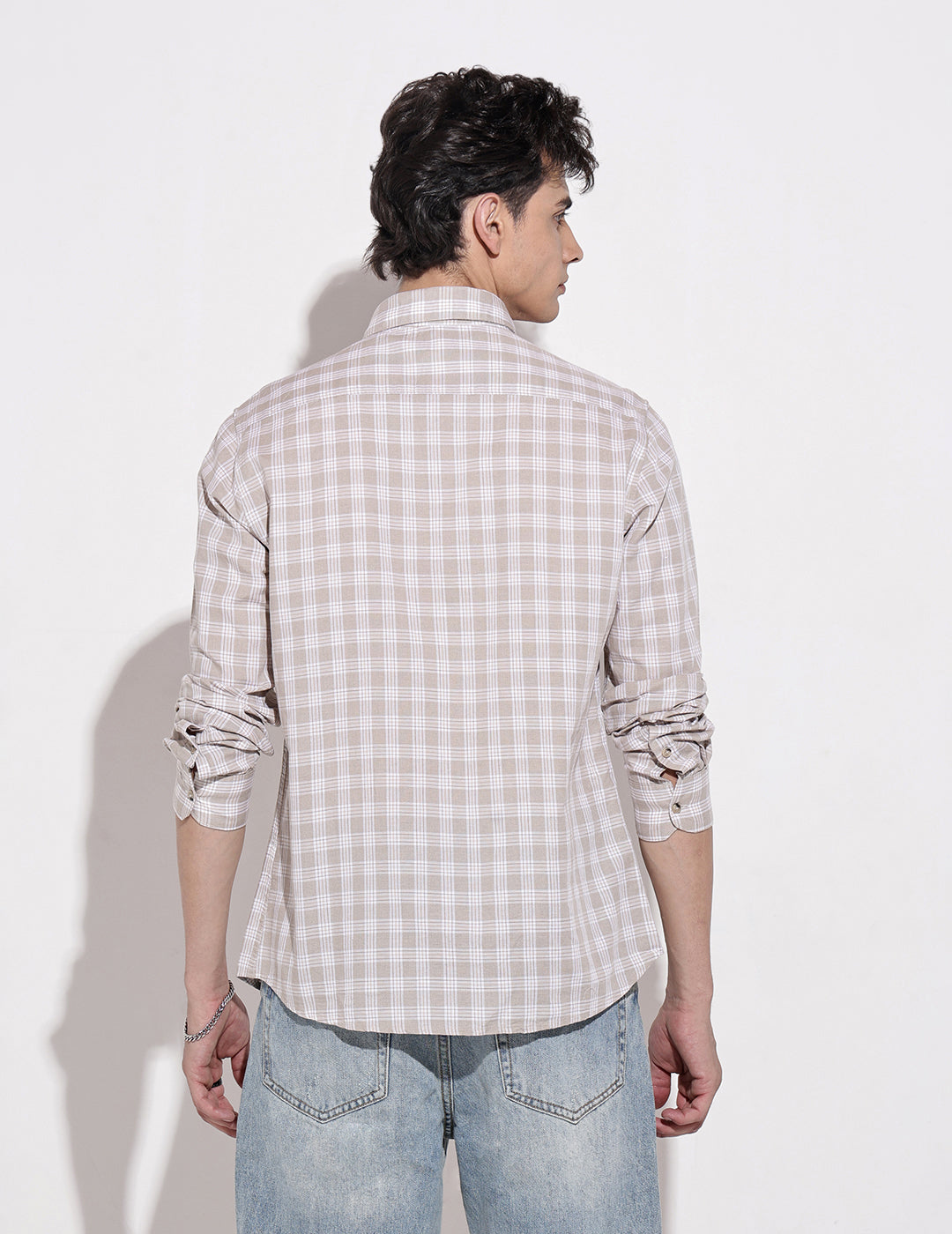 Men's Checked Beige Long Sleeve Regular Fit Shirt