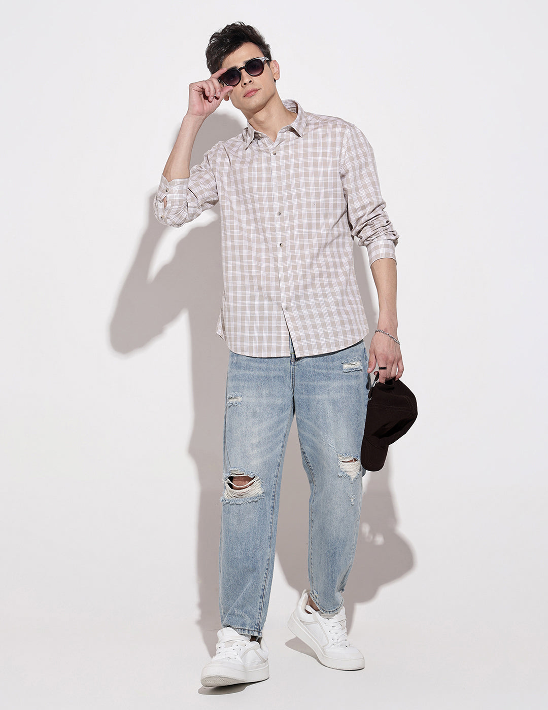 Men's Checked Beige Long Sleeve Regular Fit Shirt