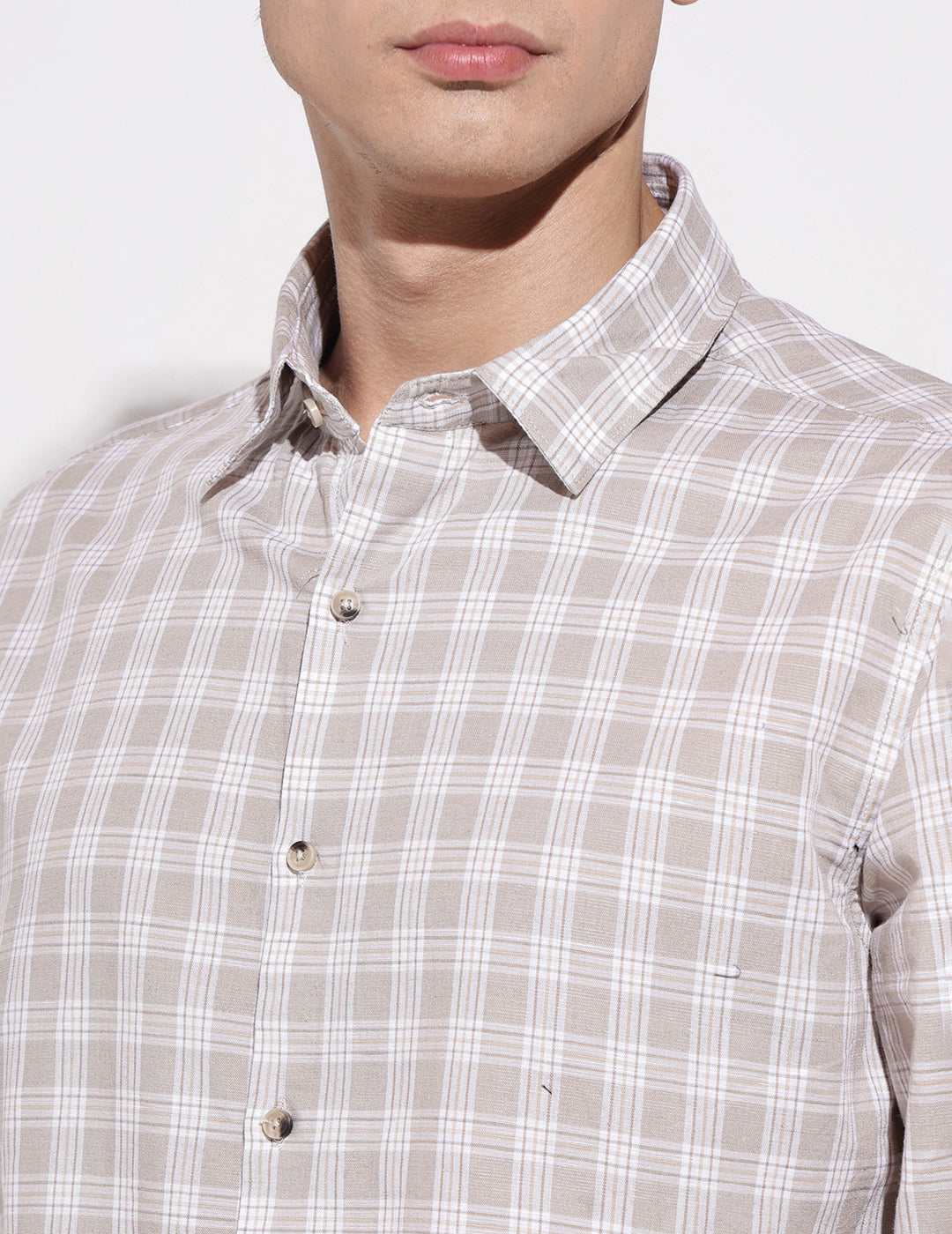 Men's Checked Beige Long Sleeve Regular Fit Shirt
