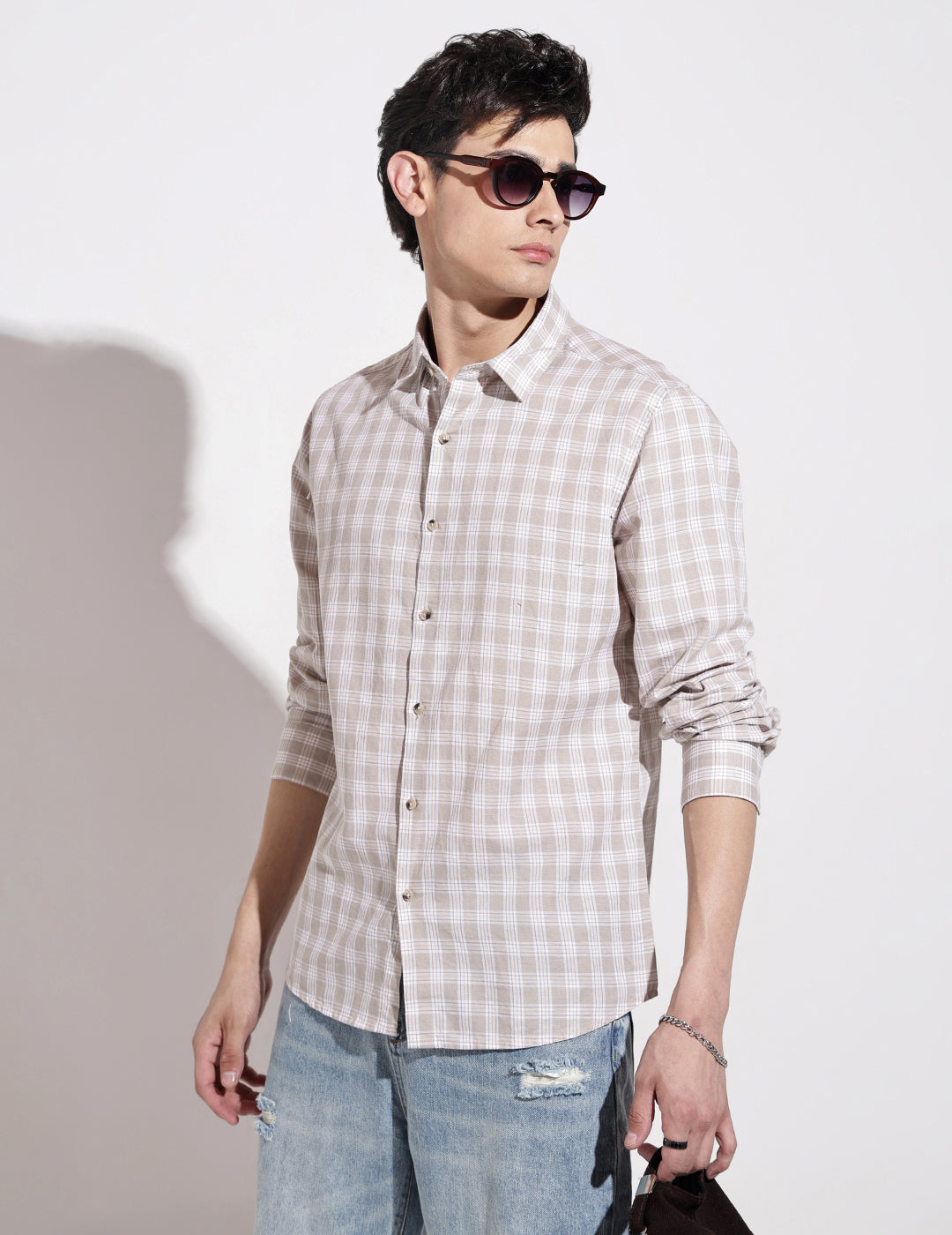 Men's Checked Beige Long Sleeve Regular Fit Shirt