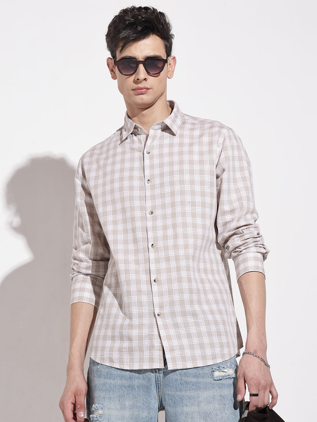 Men's Checked Beige Long Sleeve Regular Fit Shirt