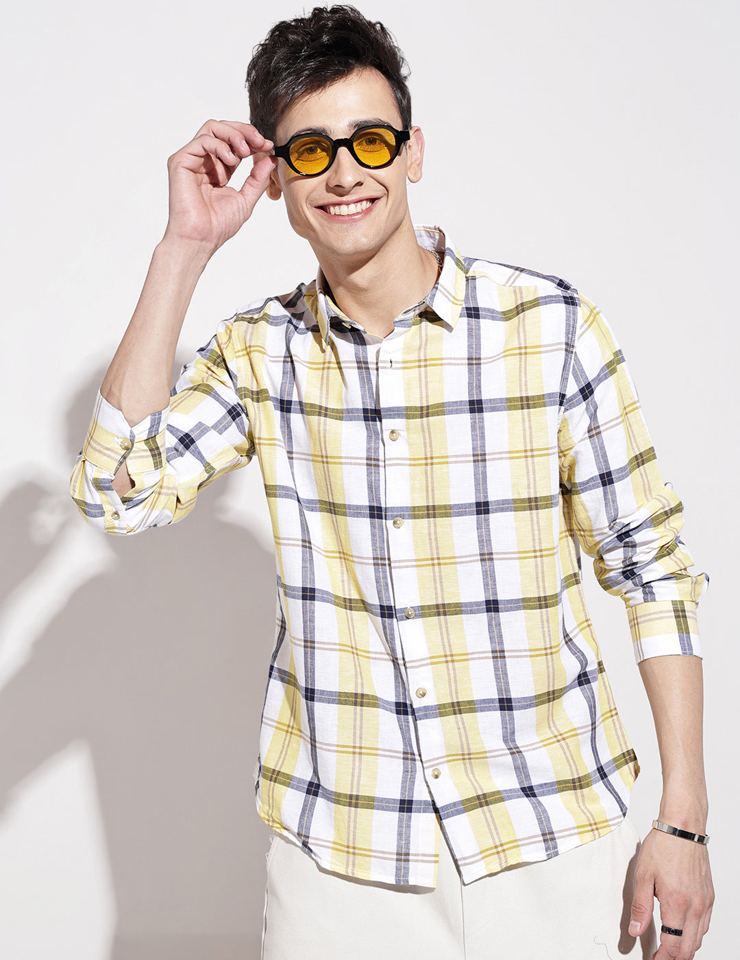Men's Checked Yellow Long Sleeve Regular Fit Shirt