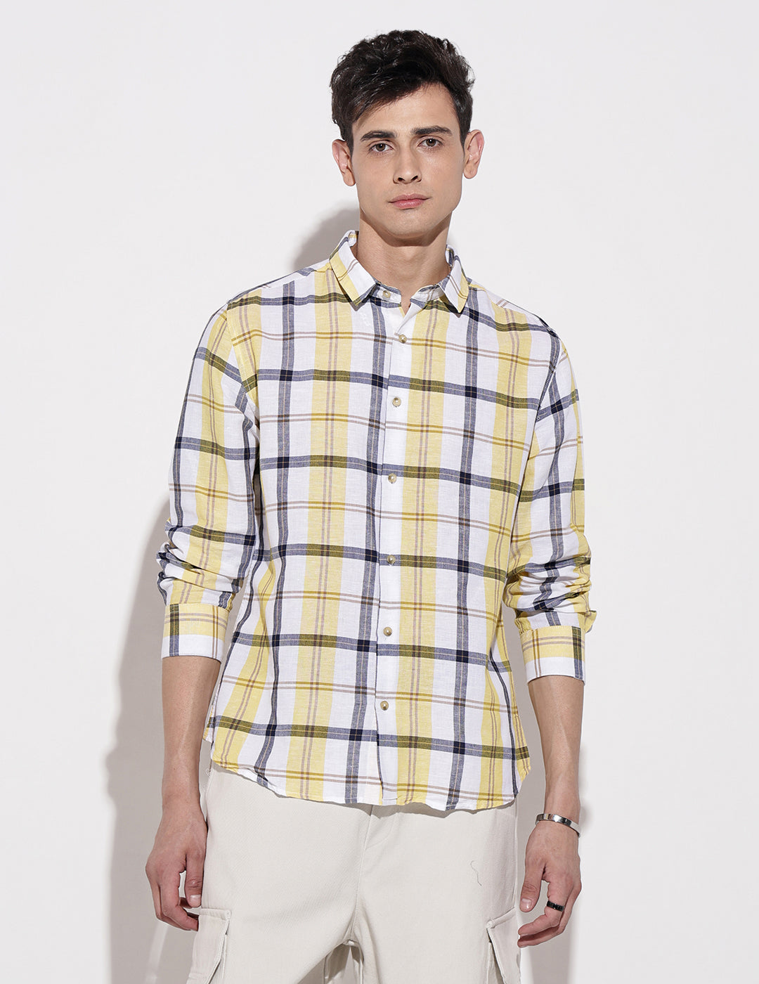 Men's Checked Yellow Long Sleeve Regular Fit Shirt
