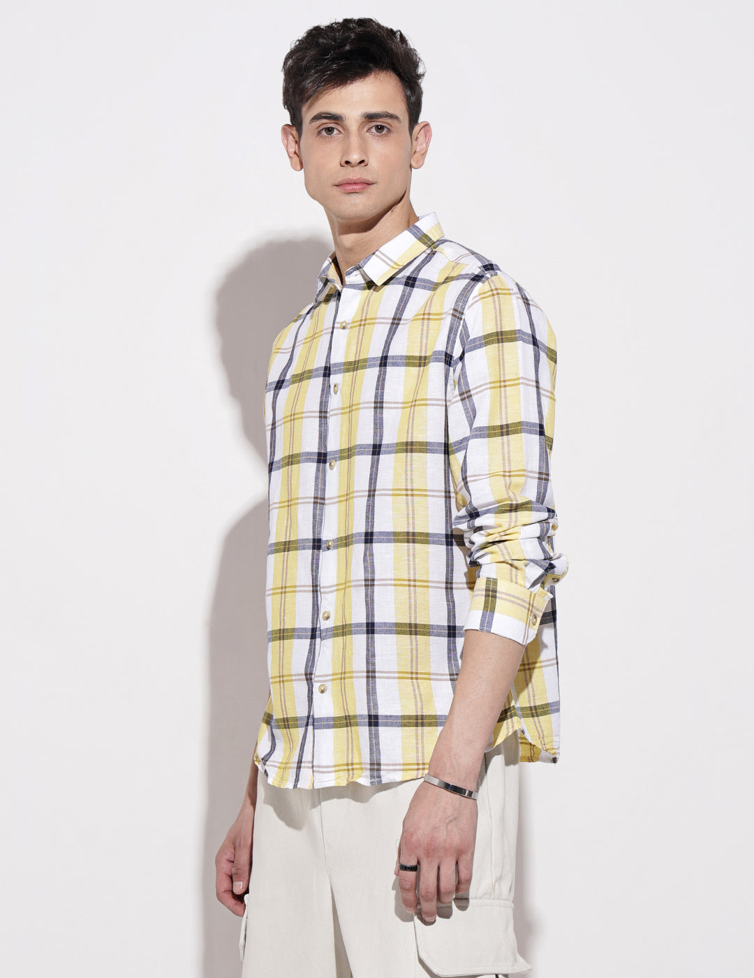 Men's Checked Yellow Long Sleeve Regular Fit Shirt