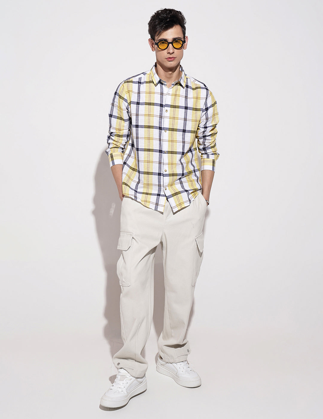 Men's Checked Yellow Long Sleeve Regular Fit Shirt