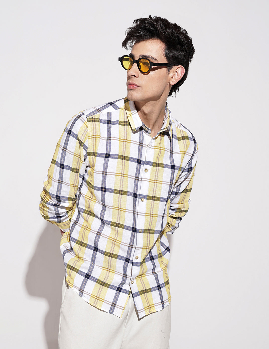 Men's Checked Yellow Long Sleeve Regular Fit Shirt