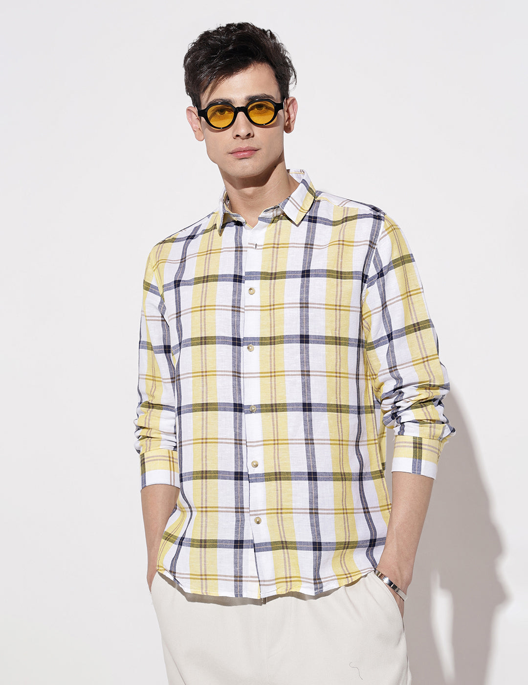 Men's Checked Yellow Long Sleeve Regular Fit Shirt