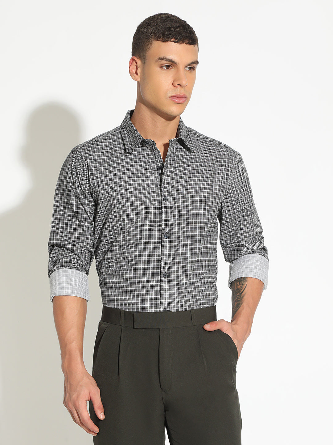Men's Checked Black Button Down Regular Fit Shirt