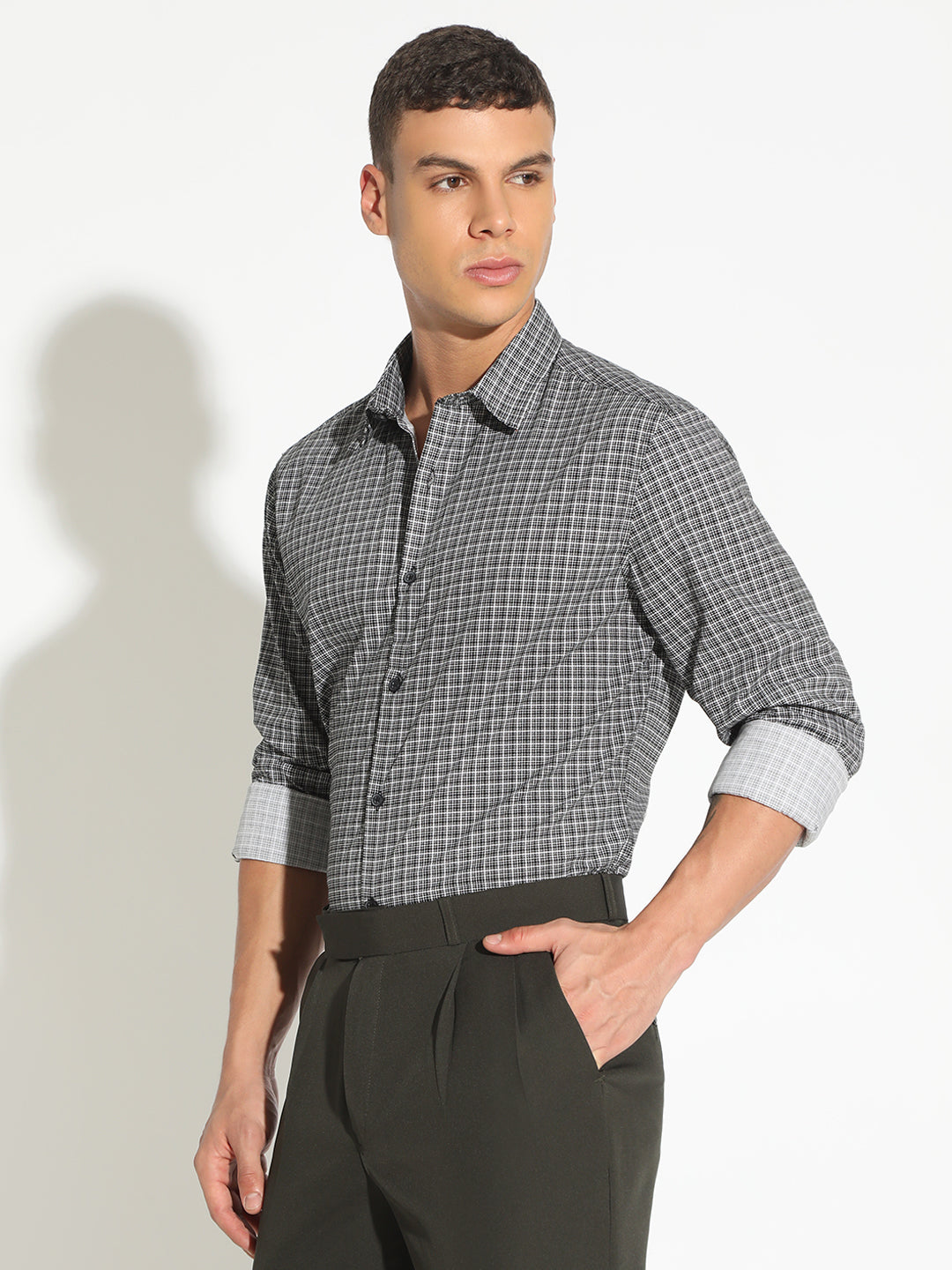 Men's Checked Black Button Down Regular Fit Shirt