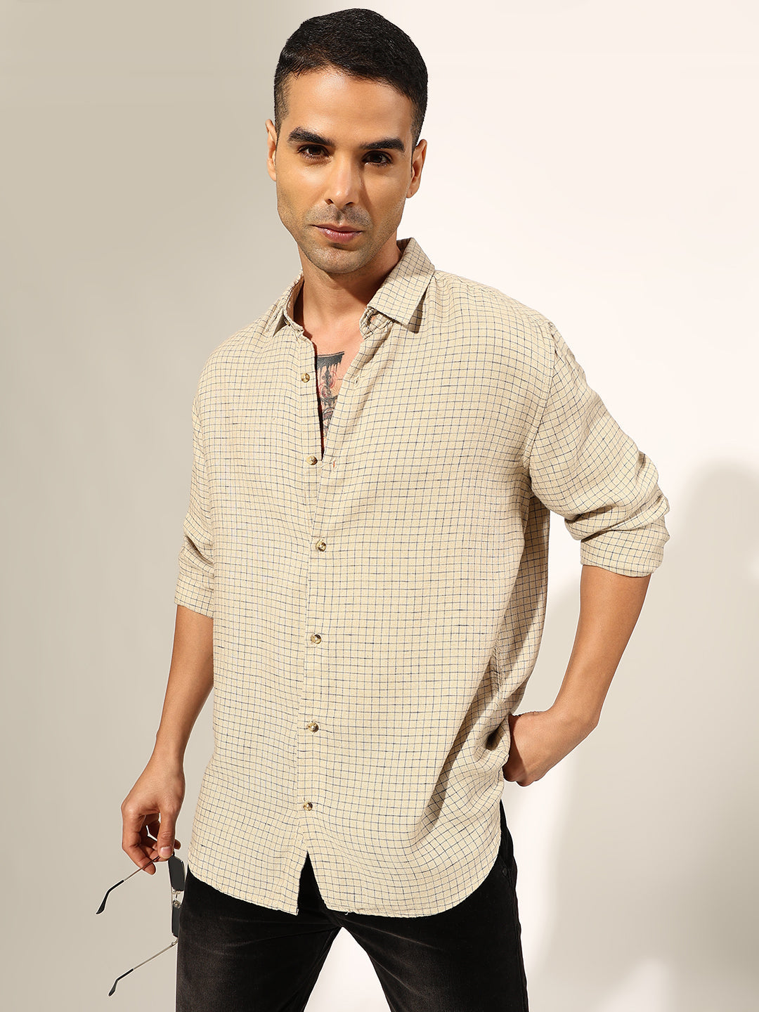 Men's Checked Beige Regular Fit Casual Shirt