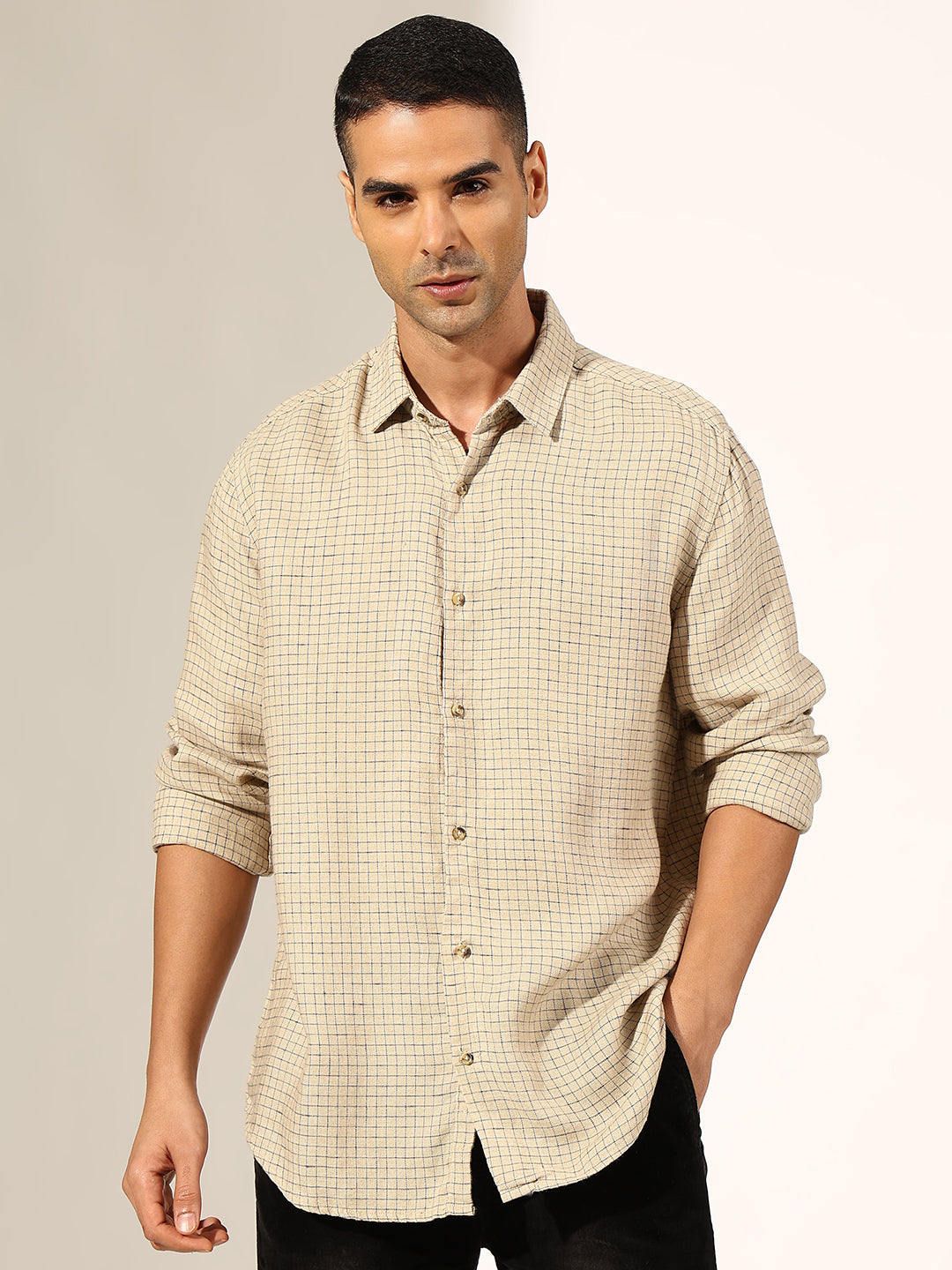 Men's Checked Beige Regular Fit Casual Shirt