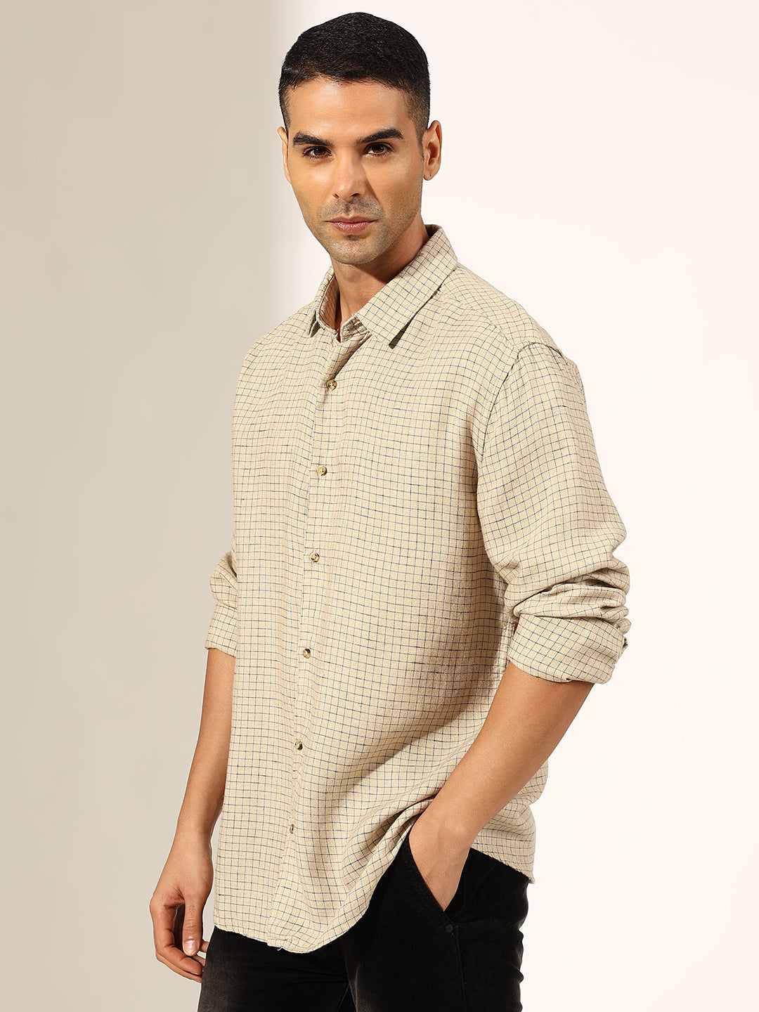 Men's Checked Beige Regular Fit Casual Shirt