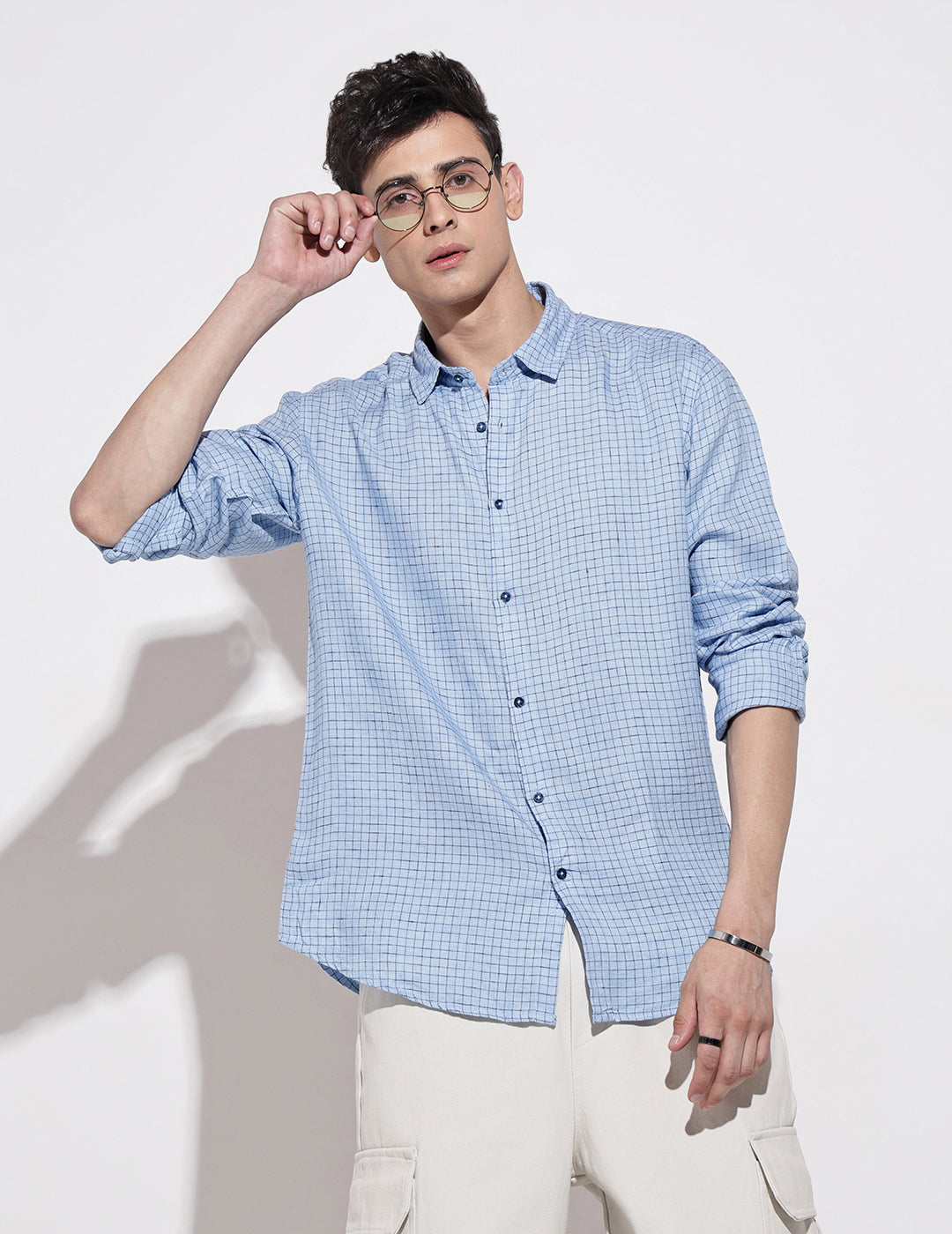 Men's Checked Blue Long Sleeve Regular Fit Shirt