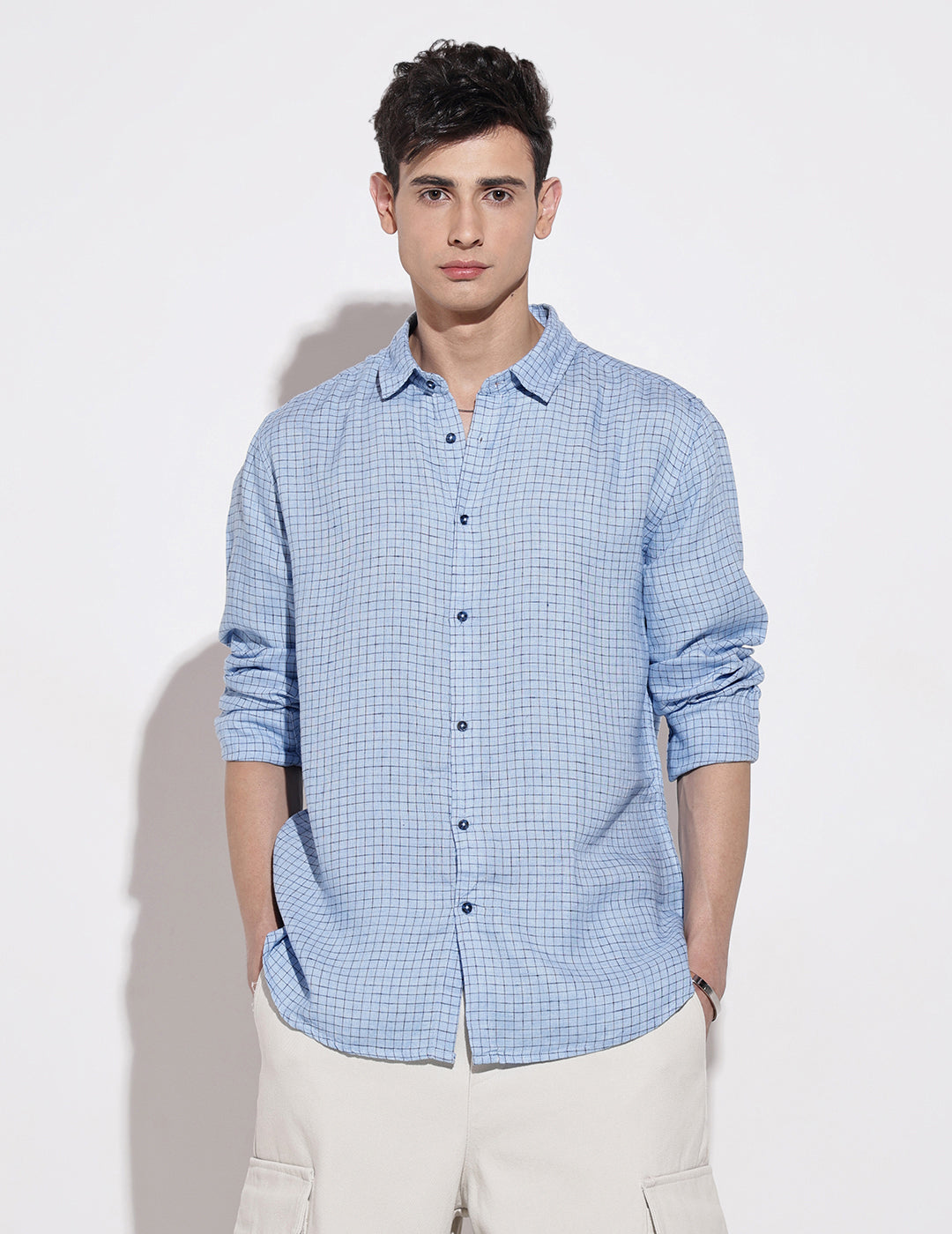 Men's Checked Blue Long Sleeve Regular Fit Shirt