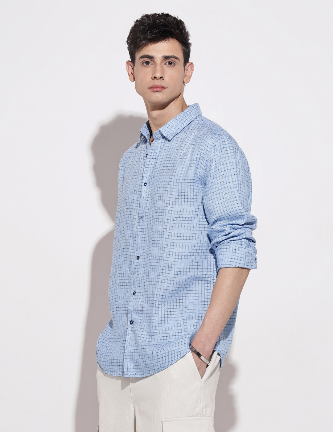 Men's Checked Blue Long Sleeve Regular Fit Shirt