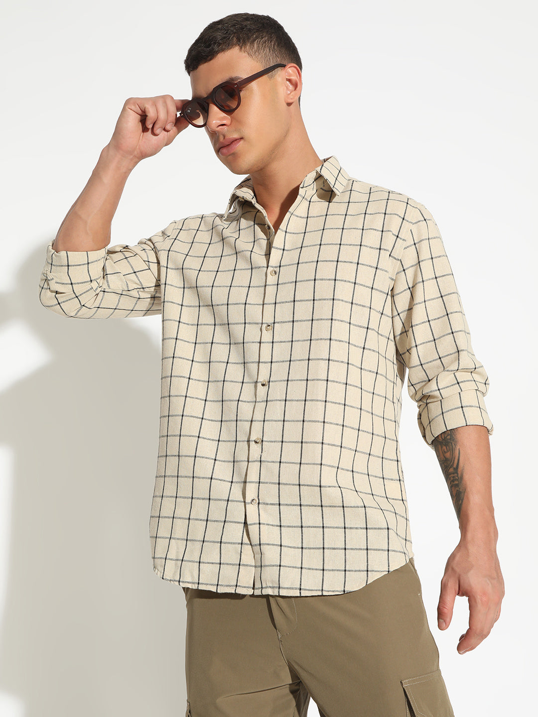 Men's Checked Beige Button Down Regular Fit Shirt
