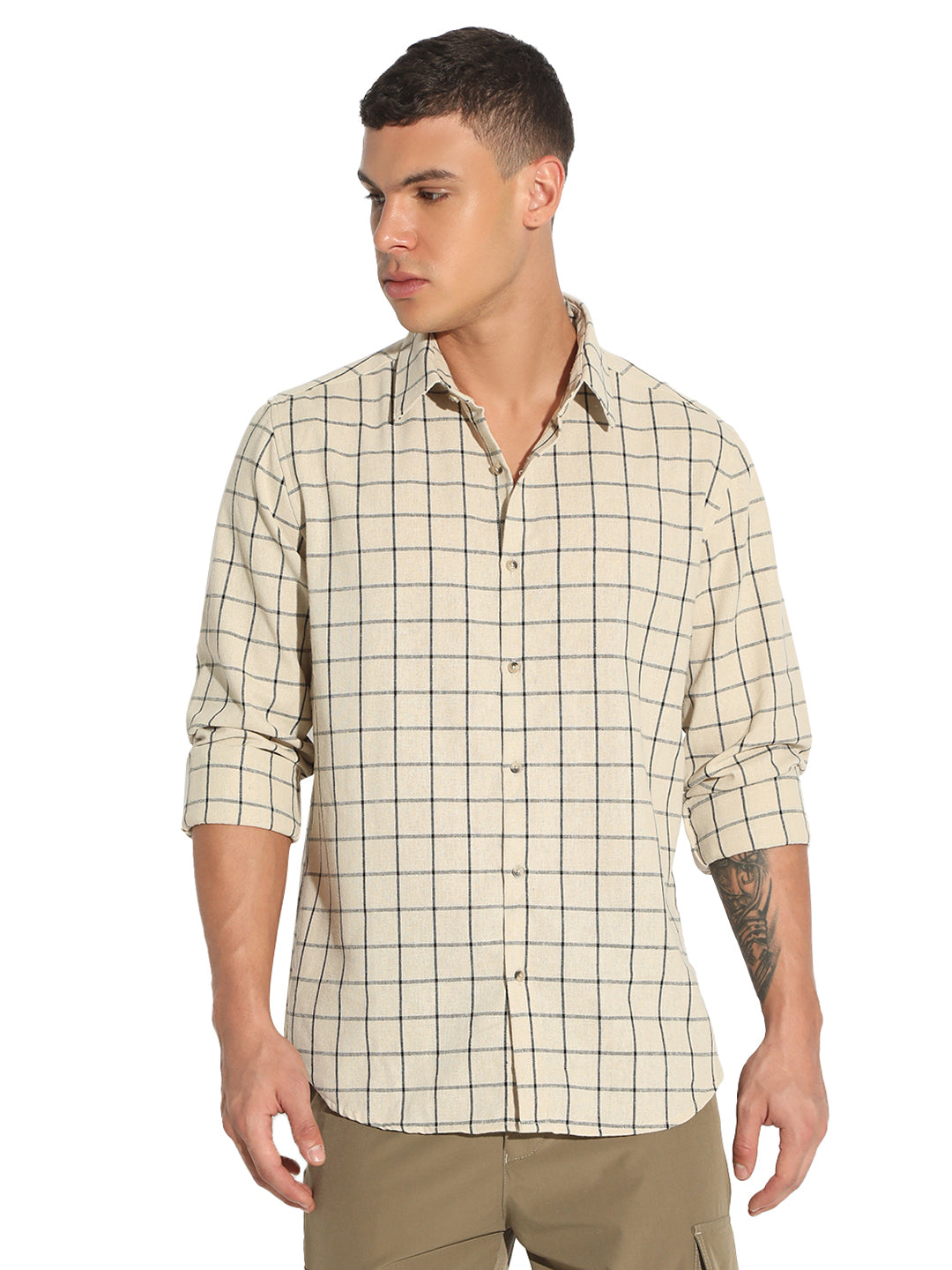 Men's Checked Beige Button Down Regular Fit Shirt
