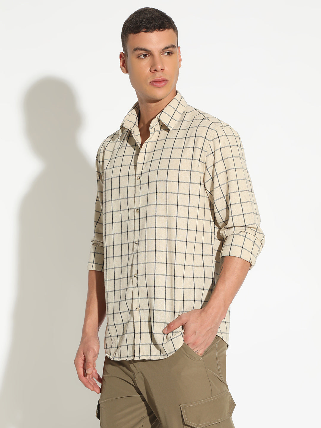 Men's Checked Beige Button Down Regular Fit Shirt