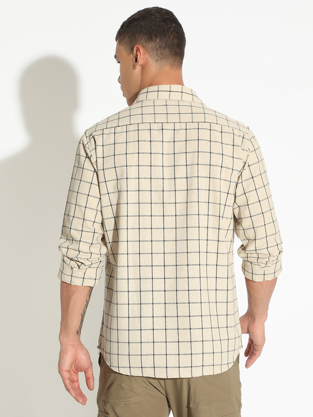 Men's Checked Beige Button Down Regular Fit Shirt