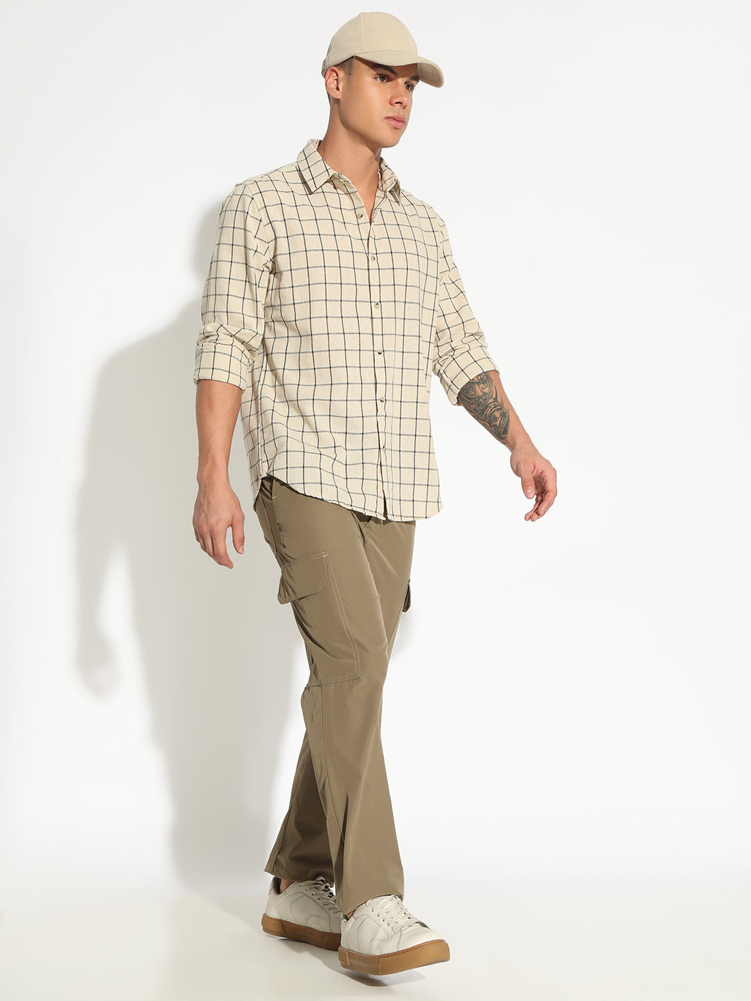 Men's Checked Beige Button Down Regular Fit Shirt