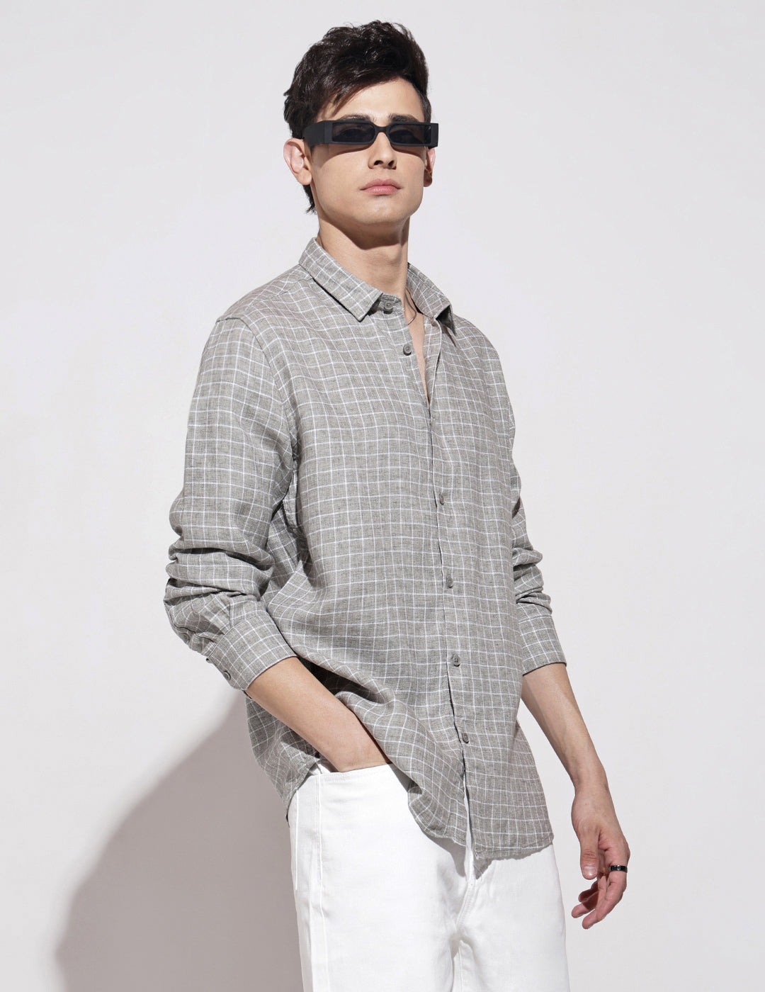 Men's Checked Grey Long Sleeve Regular Fit Shirt