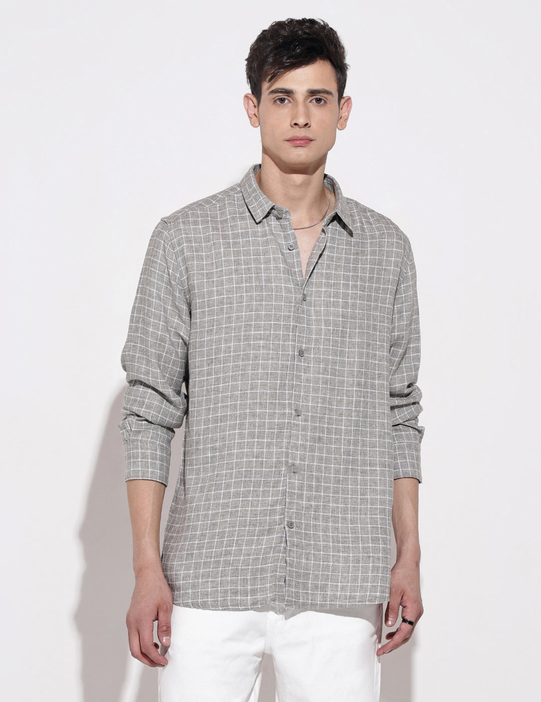 Men's Checked Grey Long Sleeve Regular Fit Shirt