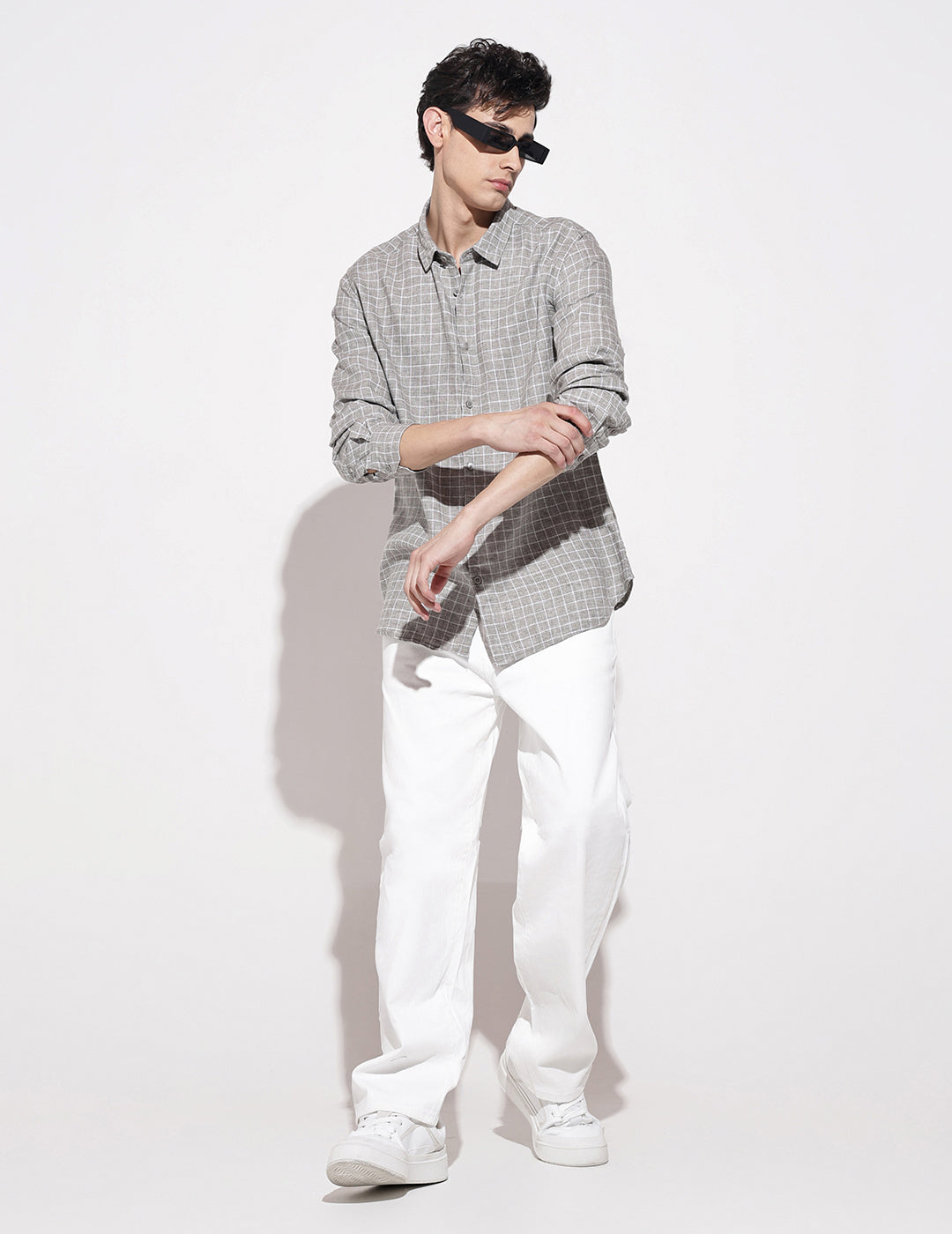 Men's Checked Grey Long Sleeve Regular Fit Shirt