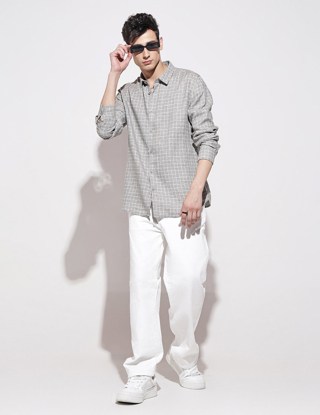 Men's Checked Grey Long Sleeve Regular Fit Shirt