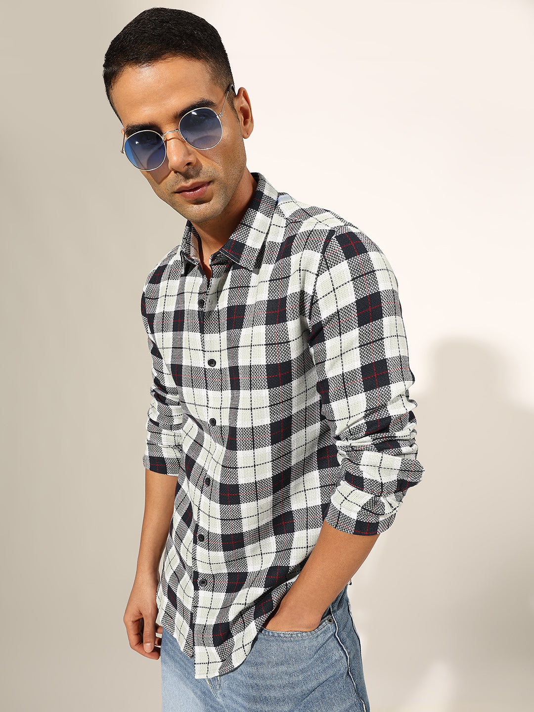 Men's Checked Navy Blue Regular Fit Casual Shirt