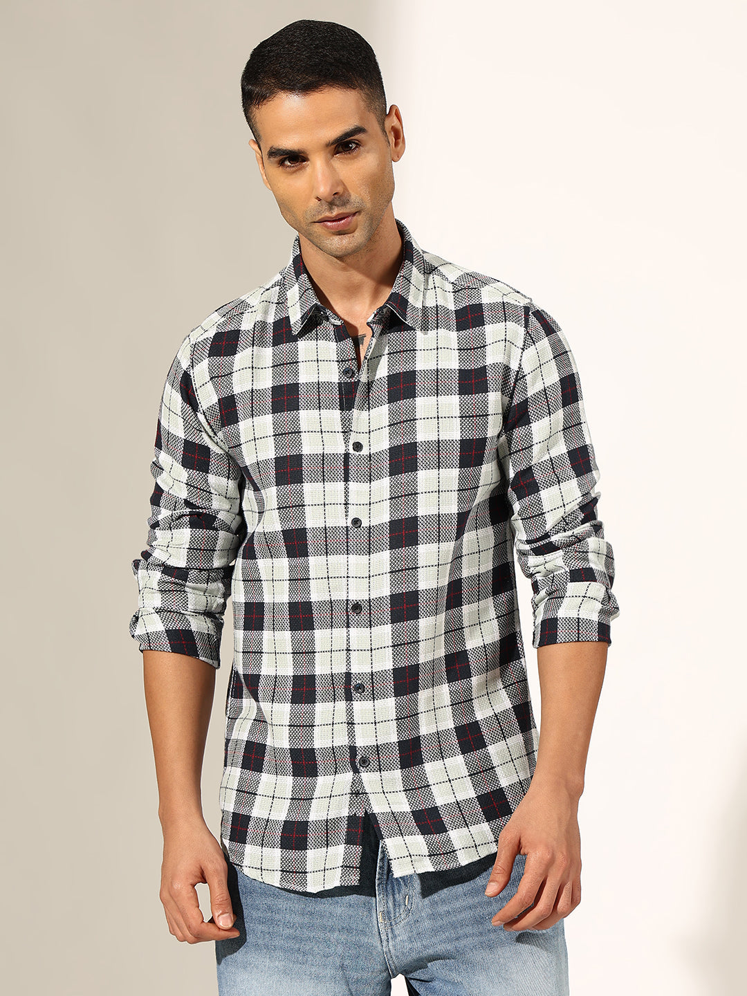 Men's Checked Navy Blue Regular Fit Casual Shirt